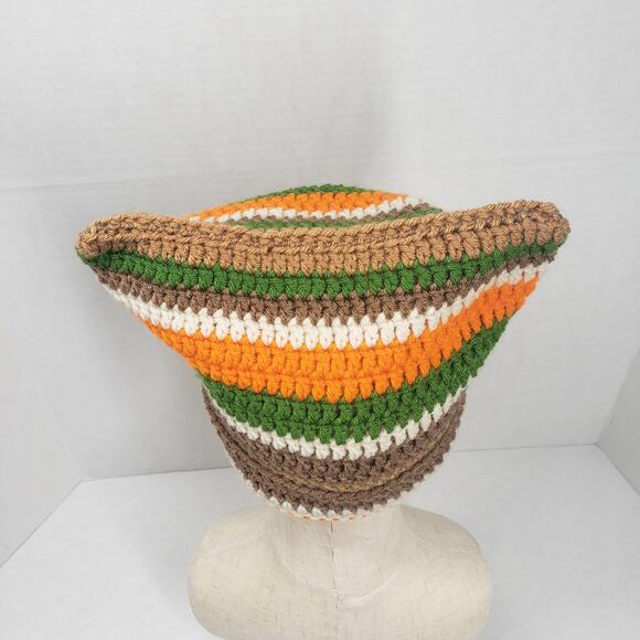 Cat Ear Beanie Crochet Hat Brown Green Stripe Handmade Knit Kitty Soft Winter main image 5
